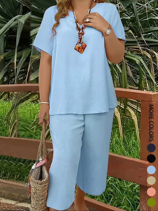 Plus Size Elegant Minimalist Women's Solid Color Short Sleeve Fashion Top & Casual Wide Leg Pants Set for Summer, Lounge Pants Set, Everyday Comfortable & Stylish, Lady Womenswear, Style, Fit, Clothes, Fashion Clothing Set