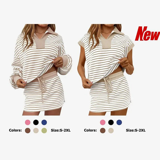Fisoew Women's Trending Striped 2-Piece Matching Set - Long Sleeve Casual Sweatshirt & Skort, Elastic Fabrics, Elegance, Women's Clothes for Lounge & Workout