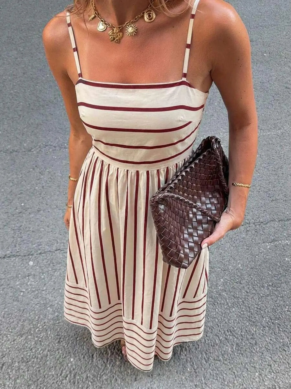 Women's Casual Striped Print Cami Dress, High Waist A-Line Long Dress for Vacation, French Vintage Style, Slim-Fit, Frenchy Style Dress