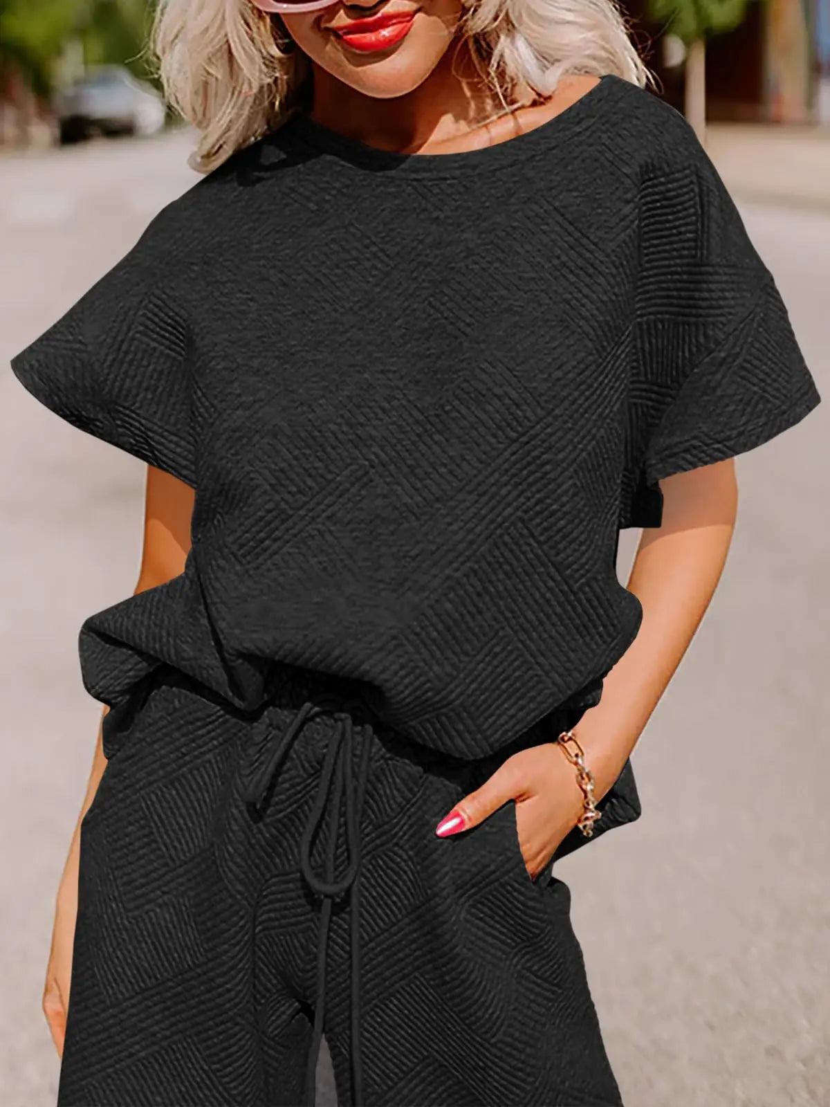 FISOEW Women's 2-Piece Basic Matching Set - Soft Cozy Textured Casual Loungewear Nightwear, Short Sleeve Top & Drawstring Cropped Wide Leg Pants (Women's Clothes)