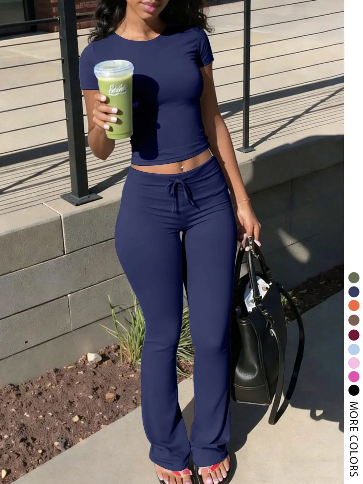 Lw-Sherowear Women's Casual Solid-Color Round-Neck Short-Sleeve T-Shirt & Drawstring Pants Set, Summer Homewear, Daily Wear Set