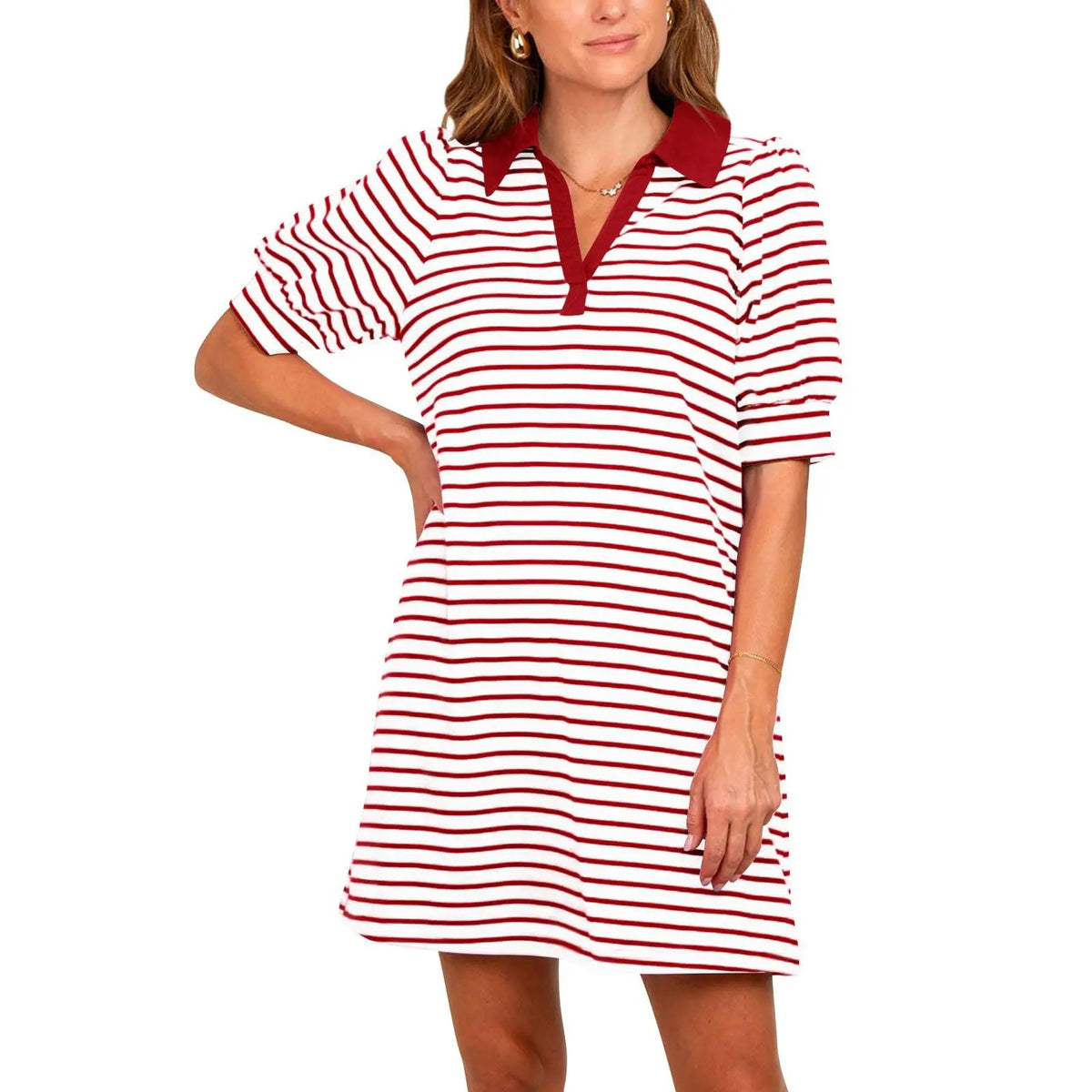 Imily Bela Women's Summer Lapel Collared V Neck Striped Dress Casual Puff Short Sleeve Polo Tshirt Dresses with Pockets