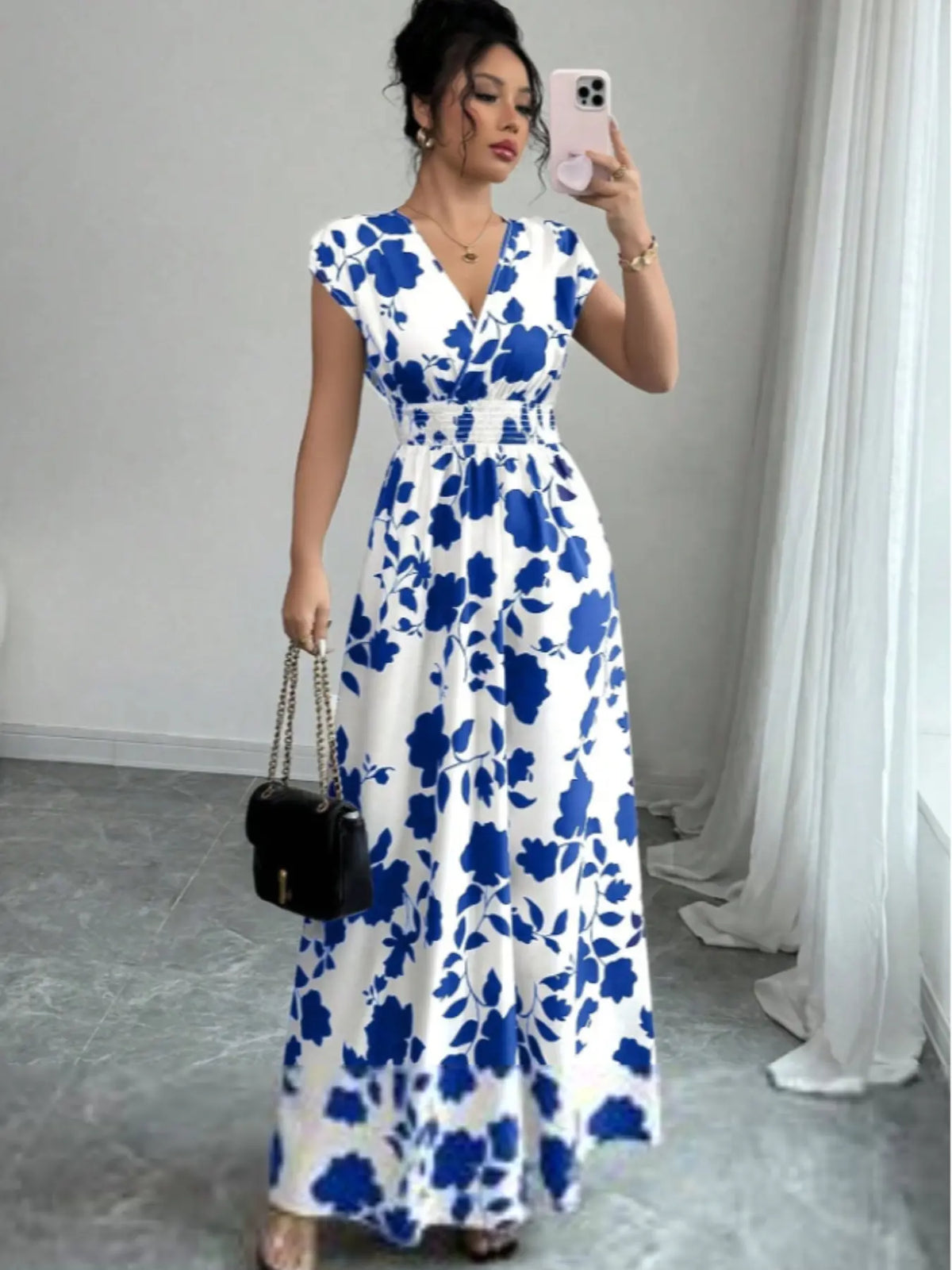 Elegant Women's Summer Dress, Womenswear, V Neck Fitted A-Line Batwing Sleeve, Floral Print, Leaf, Casual Boho Sundress, Casual Fashion Style, Perfect for Daily Wear & Special Occasions, Chic Dress, Boho Casual Comfy, Bohemian Aesthetic Summer Dress