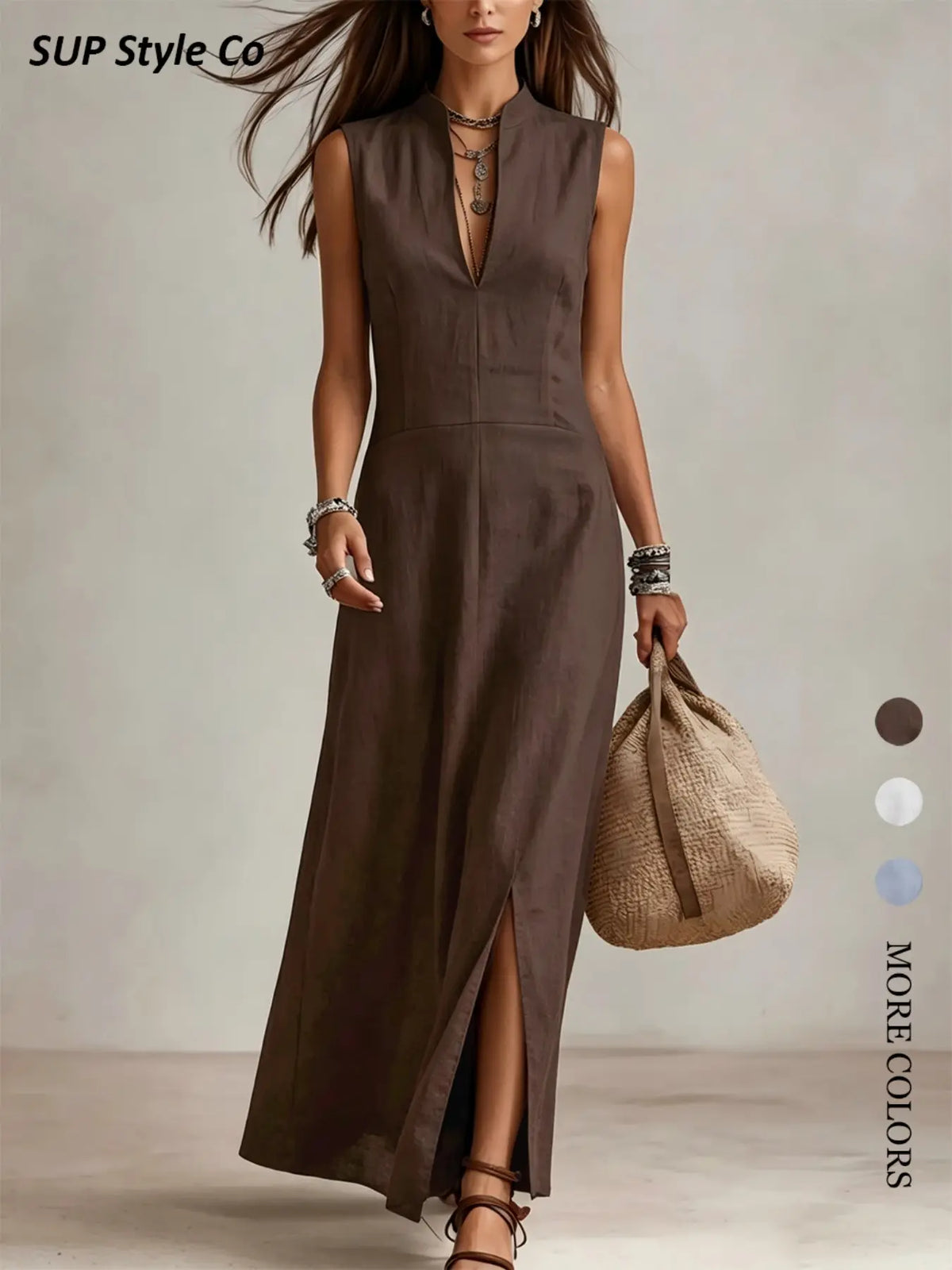 Stand Collar Sleeveless V Neck Waist Cinch Split Long Dress, Elegant Casual Vacation Dress, Minimalist Style for Spring Summer, Summer Dresses