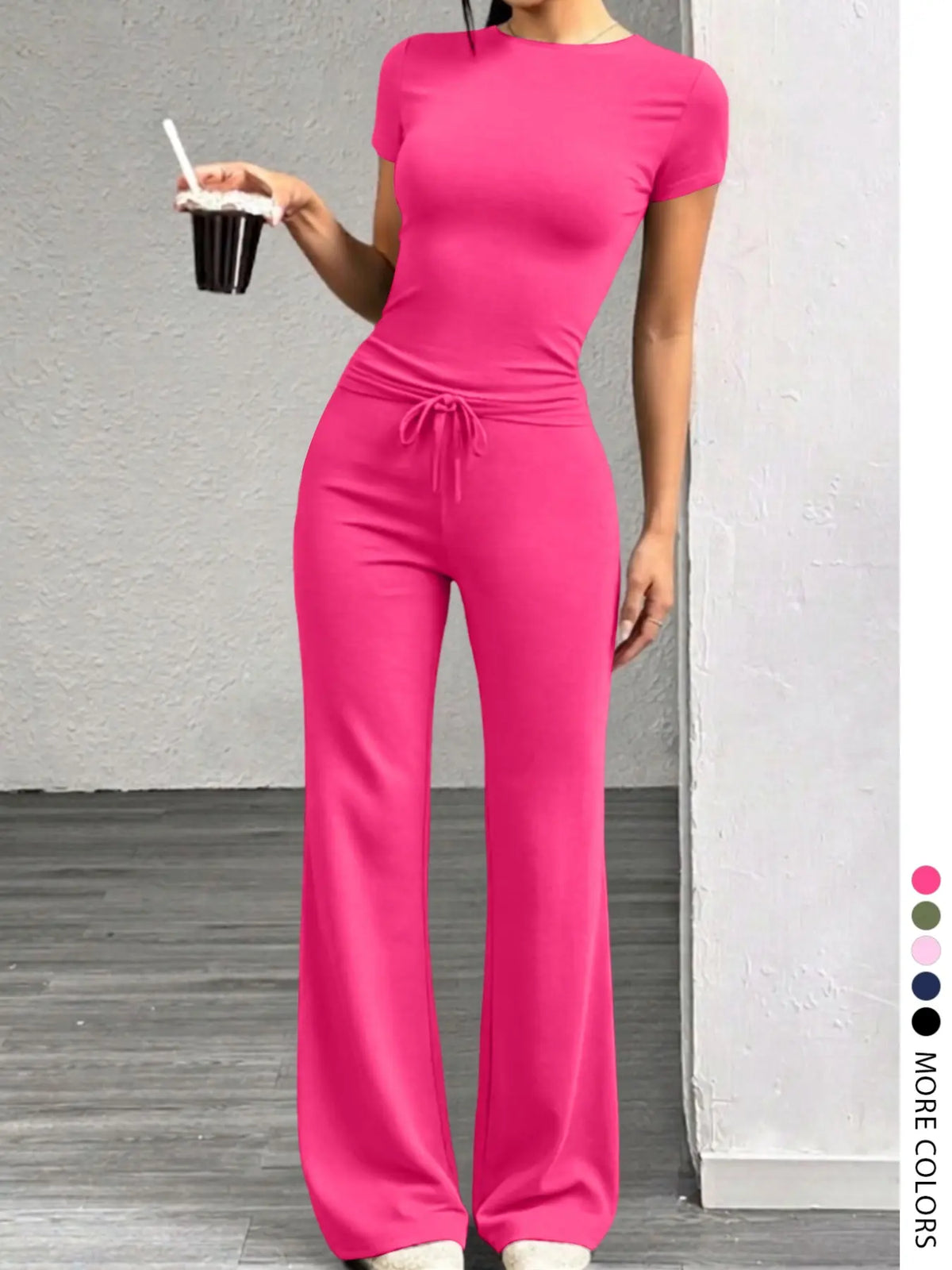 Lw-Sherowear Women's Casual Solid-Color Round-Neck Short-Sleeve T-Shirt & Drawstring Pants Set, Summer Homewear, Daily Wear Set