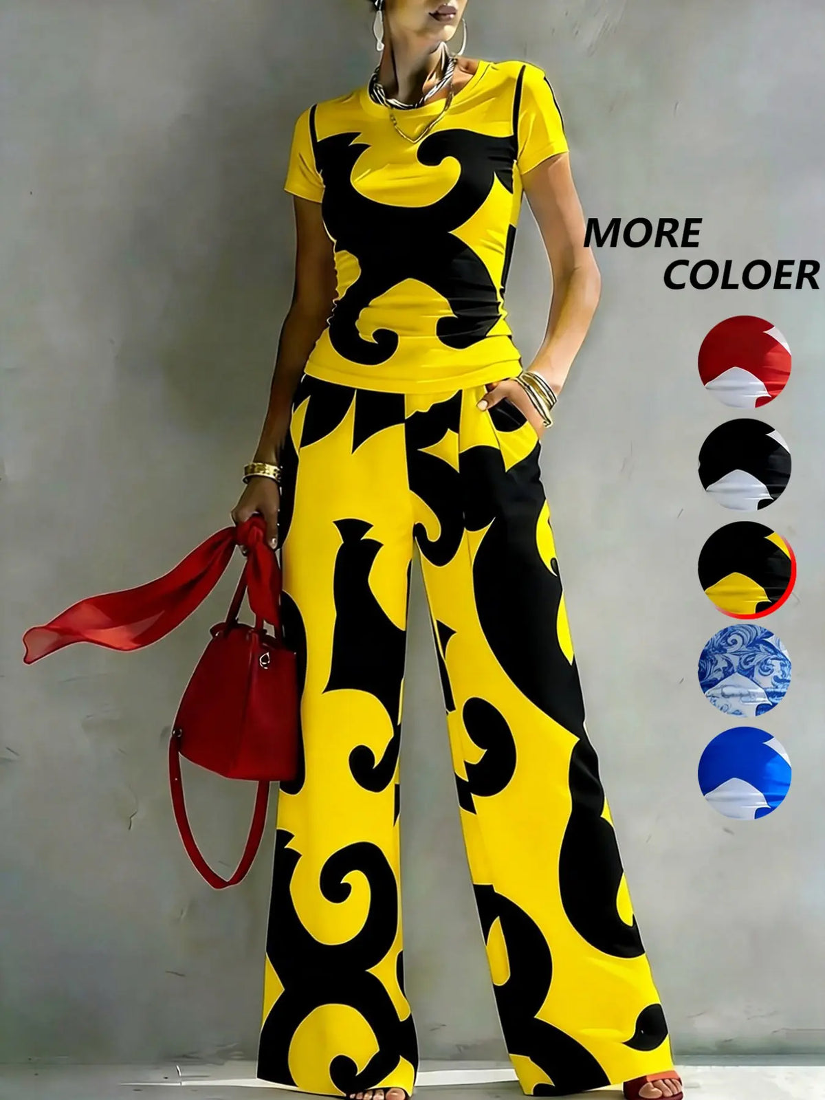 Women's Casual Two-Piece Set, Round Neck T-Shirt with Geometric Random Print, High-Waisted Pocket Wide Leg Pants, Urban Leisure, Matching, Casual Everyday Set