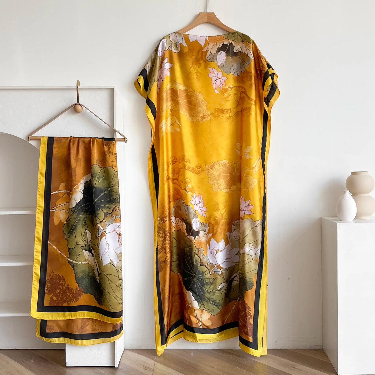 Women's 2-Piece Essential Bohemian Robe Set - Casual Matching Floral Print Long Dress, Headscarf Hairband, Beach Shawl Accessory, All-Season Boho Elegance