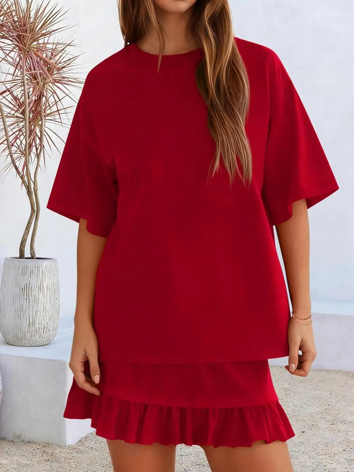 Yousify Women's 2-Piece Set, Casual Half-Sleeve Crew Neck Top & Basic Mini Skirt, Coordinated Summer Vacation Matching Sets for Women, Fashion Apparel