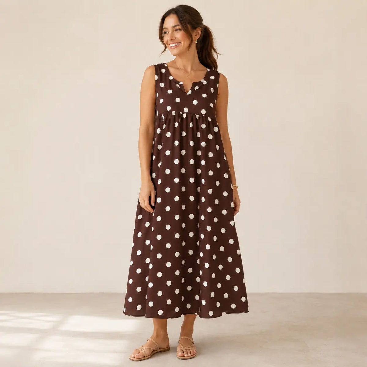GLAMONIQUE Women's Brown Polka Dot H-Type Maxi Dress - Sleeveless V-Neck Spaghetti Strap, Lightweight Flowy, Side Slit, Adjustable Casual Wear for Outdoor, Vacation