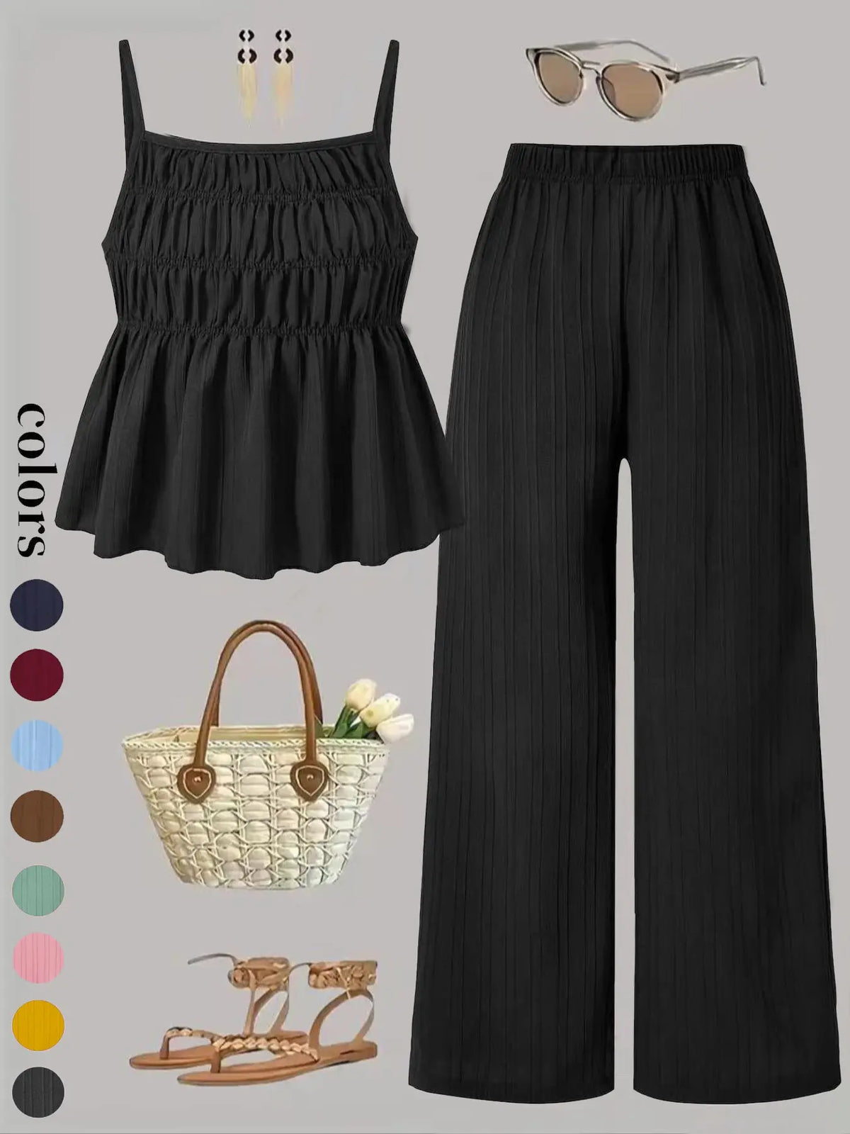 Two-Piece Set Women's Solid Color Cami Top & Wide Leg Pants Set, Street Fashion Casual Everyday Set Outfits for Daily Outdoor Wear, Ladies Clothes for All Seasons