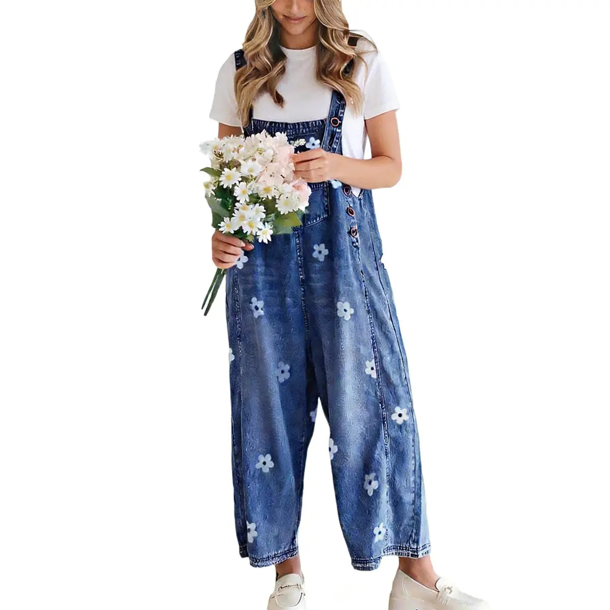 utcoco Women's Cotton Bib Overalls - Cute Floral Print Denim Jumpsuit with Baggy Wide Leg, Adjustable Straps, Vibe Fashion Apparel, Women's Fashion Back to School Clothes