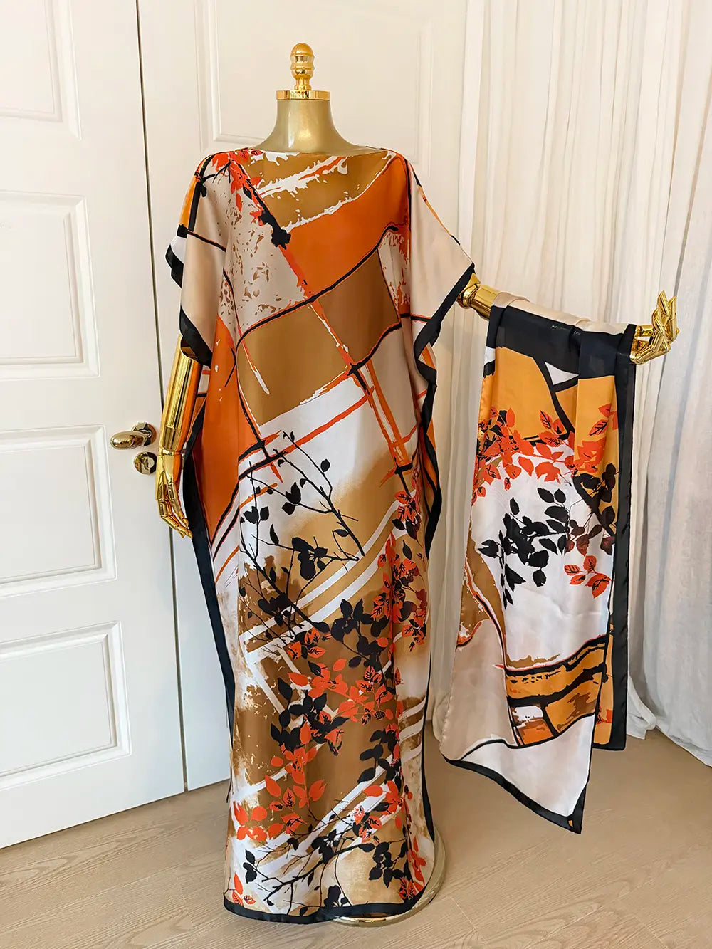 【MOOMOO】Women's Elegant Floral Print Polyester Moo Moo & Matching Scarf Set - Multicolor, Lightweight Boho Loose-Cut Cape Cover Up, Female Swimwear Accessory, 2-Scenario Use (Beach, Loungewear), All Seasons Casual, Fabric Style 03, Sohochic