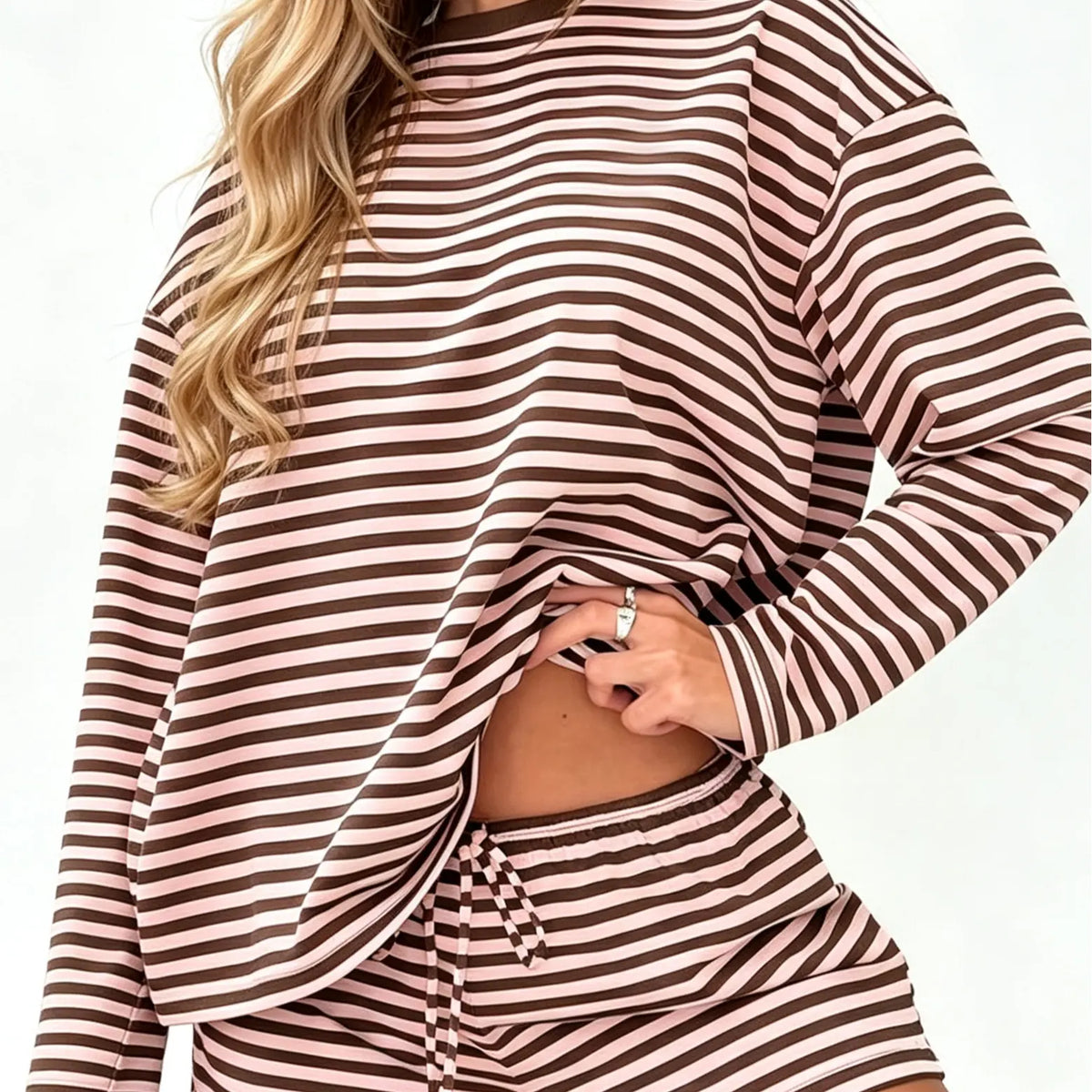 Spring Summer Stripe Print 2 Piece Outfit Women | Oversized T-Shirt + Drawstring Shorts | Soft Casual Lounge Set  for Daily Home Vacation Wear