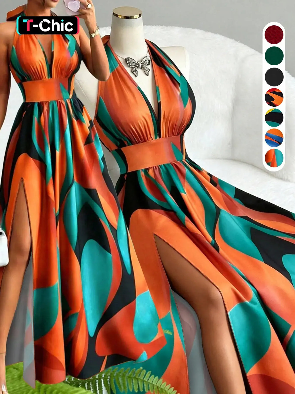 Printed Halter Long Dress, Deep V Neck Split Dress, Vintage Style, Sleeveless Backless, Beach Vacation, Summer New Arrival, Ff2608, Summer Dresses