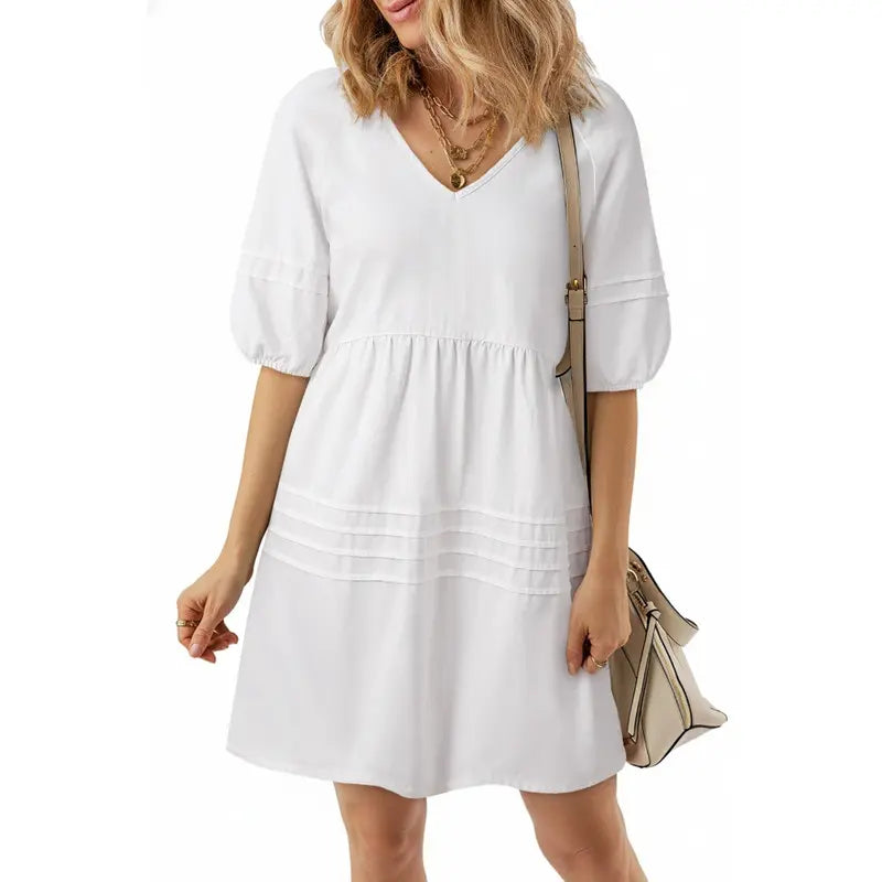 Dokotoo Denim Dress for Women Casual V Neck Puff Short Sleeve Mini Jean Dress Cute Back Tie Summer Dresses