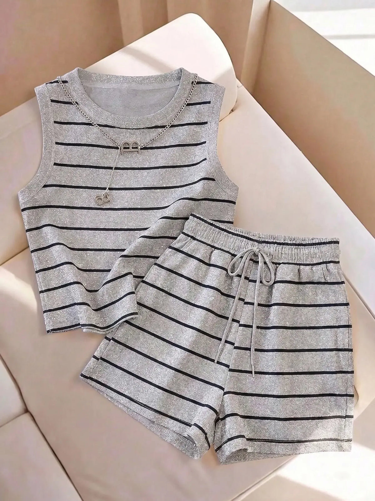 2pcs/Set Women's Striped Round Neck Tank Top And Shorts Casual 2 Pieces Set, Lightweight, Comfortable and Versatile, Perfect for Daily Wear and Relaxing Days