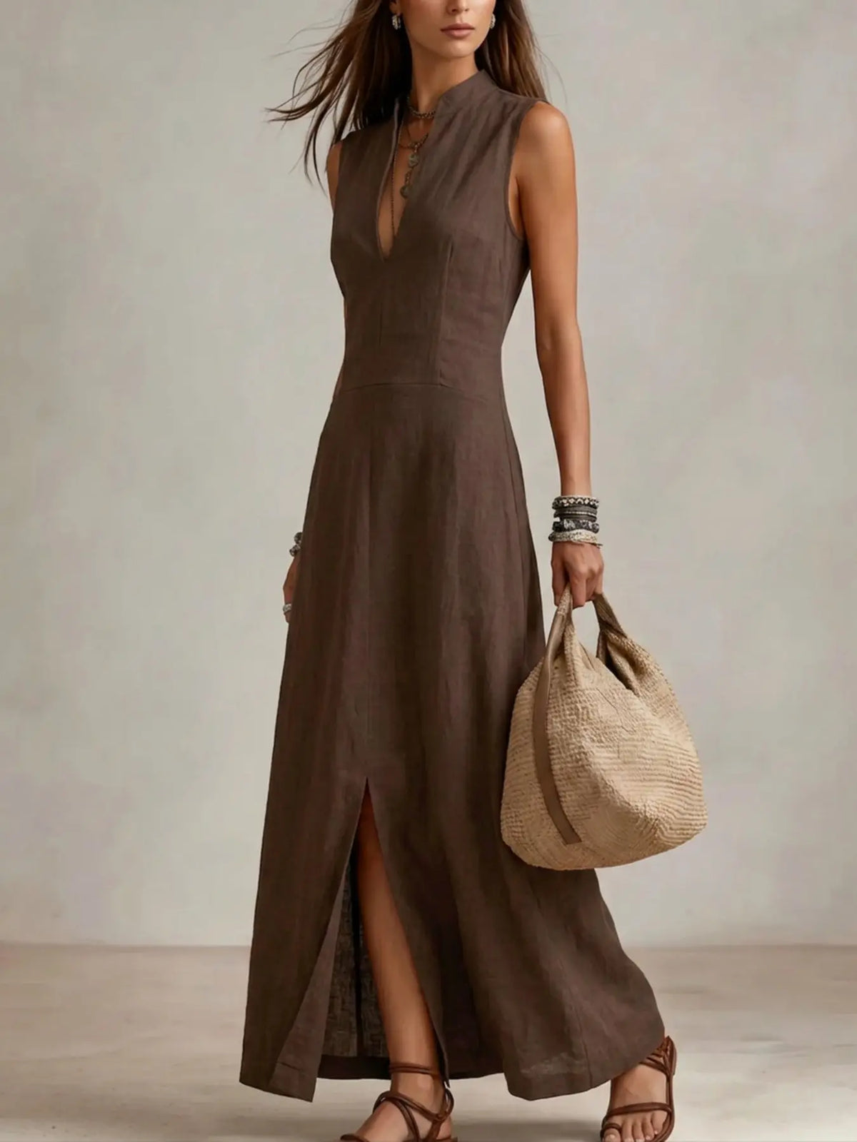 Stand Collar Sleeveless V Neck Waist Cinch Split Long Dress, Elegant Casual Vacation Dress, Minimalist Style for Spring Summer, Summer Dresses