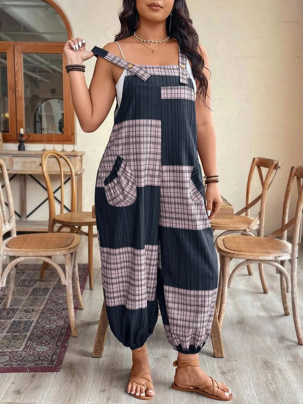 [Plus Size] Geometric Fitted Overalls Jumpsuit, Casual Comfy Sleeveless Jumpsuit for Daily Wear, Women's Plus Womenswear Clothing for All Seasons, Overall Jumpsuits