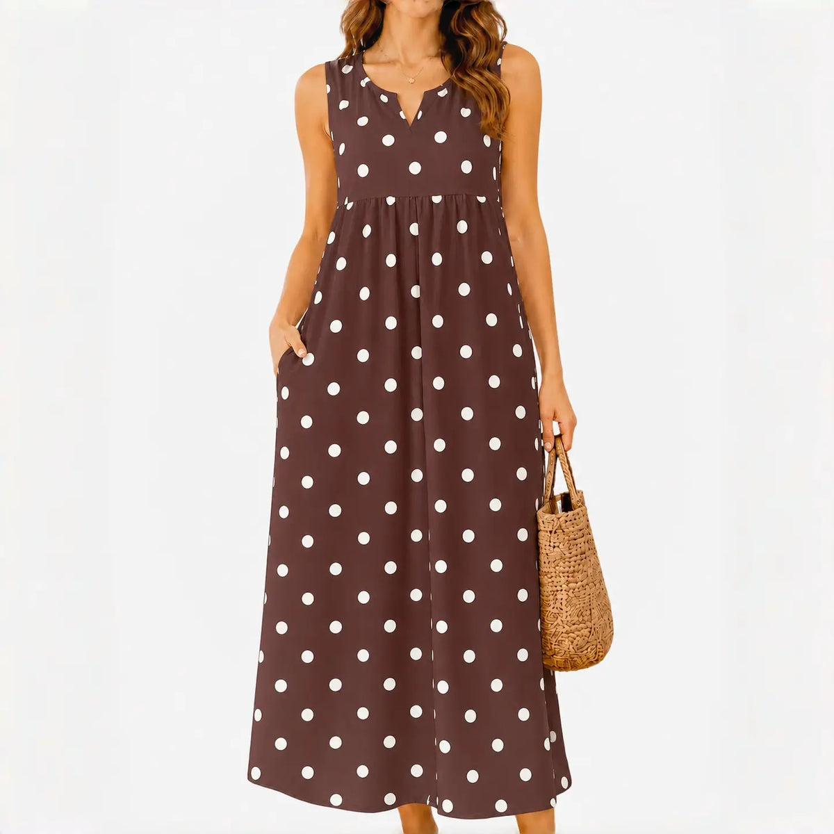 GLAMONIQUE Women's Brown Polka Dot H-Type Maxi Dress - Sleeveless V-Neck Spaghetti Strap, Lightweight Flowy, Side Slit, Adjustable Casual Wear for Outdoor, Vacation