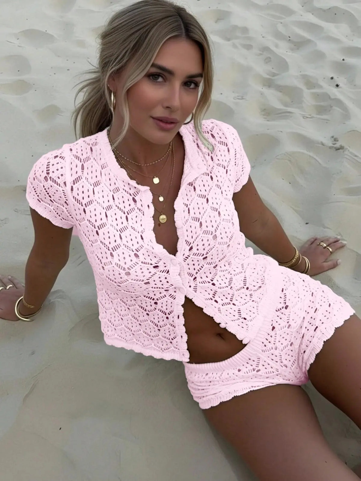 Women's Casual Summer Two-Piece Set, Breathable Knitted Sweater Top and Shorts Beachwear, Holiday Clothing, Ladies' Fashion Outfit Ensemble Slim, Basic, Matching