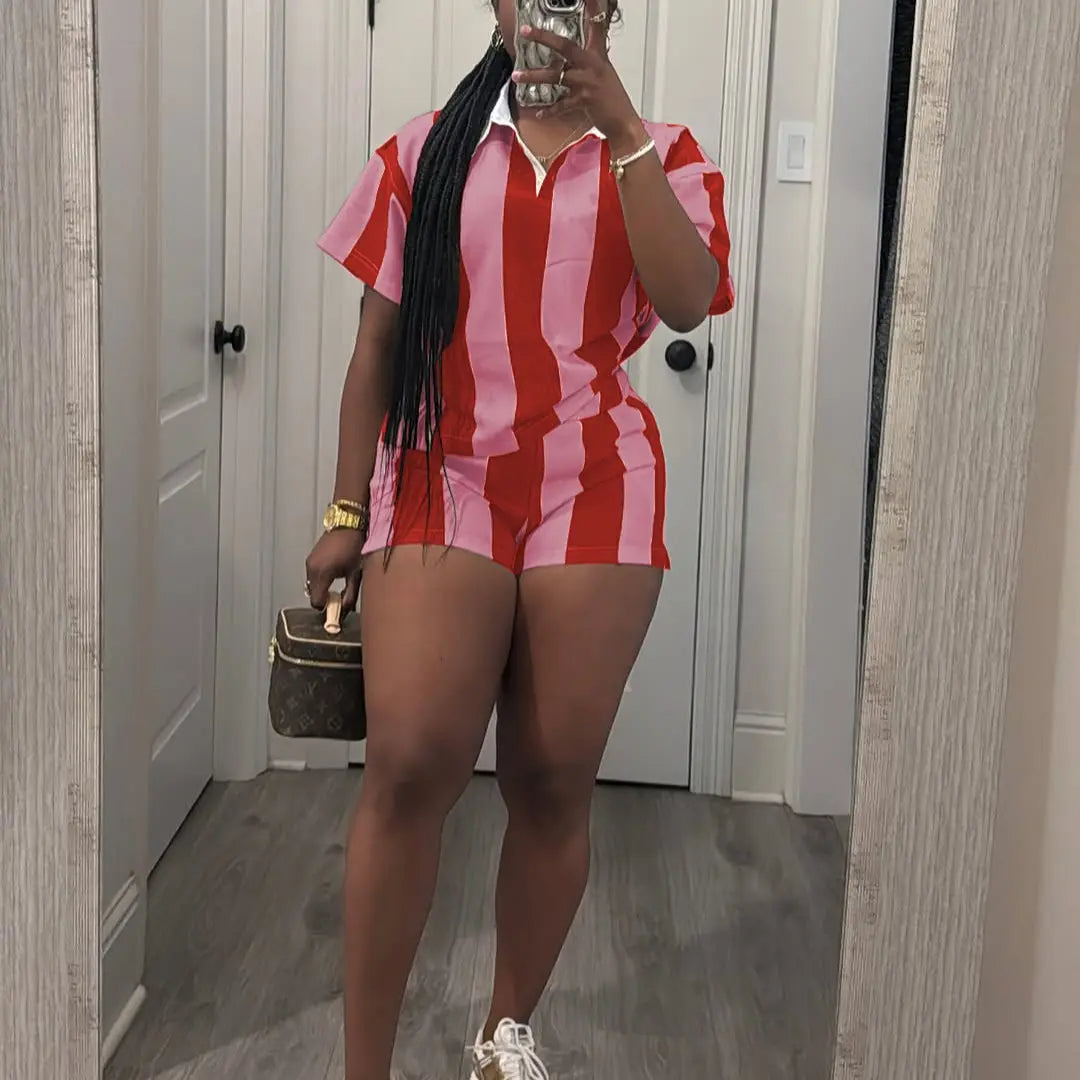 USBOUTIQUE CHIC Women's 2026 Spring Two Piece Set Striped Short Sleeve Top & Drawstring Shorts Casual Outfit for Comfort
