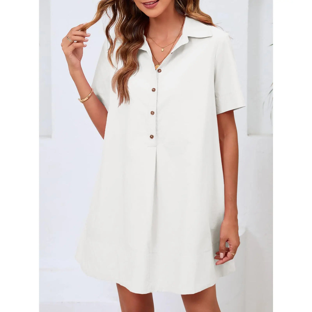 Wenrine Women's Button Down Shirt Dress Oversized Casual Short Sleeve Collared V Neck Party Flowy Summer Mini Dresses Womenswear Soft