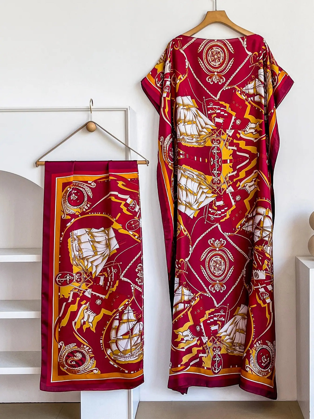 Elegant Dopamine Color Set, Boho Summer Chain Print Muumuu Long Dress Robe, Women's Sun Protection Satin Scarf Shawl