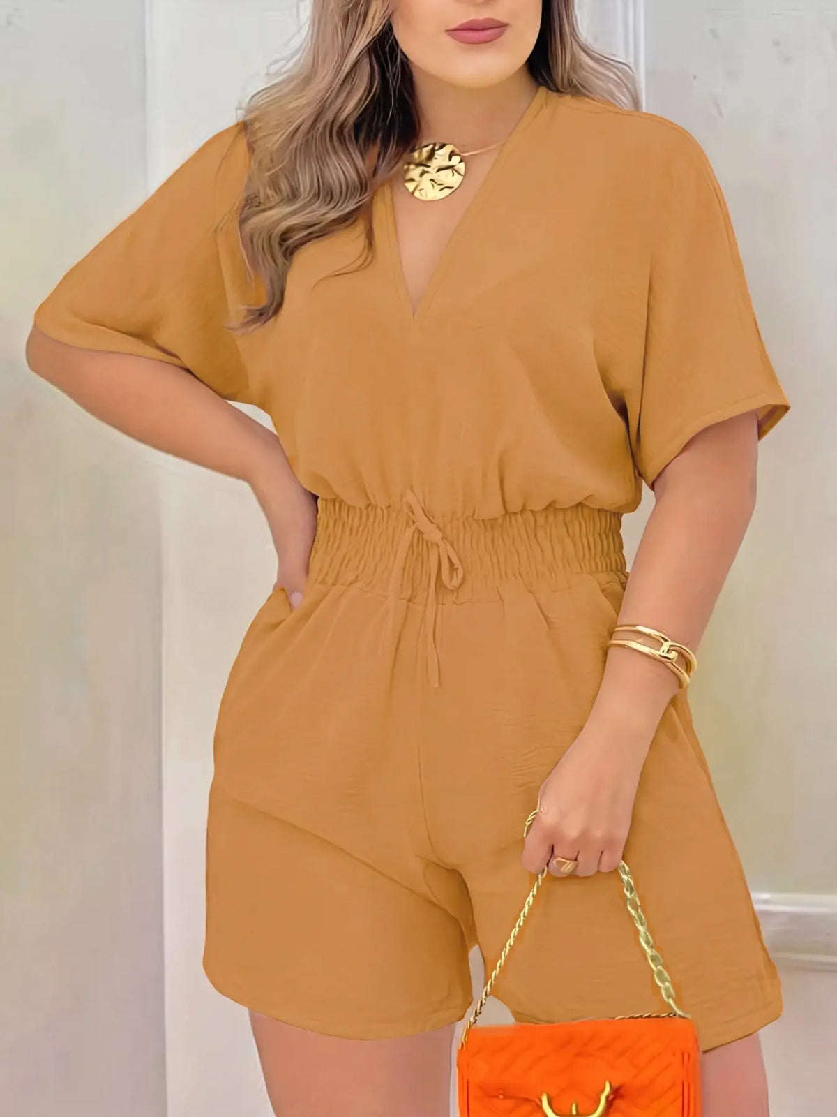 Women's Plain Drawstring Shirred Waist V Neck Romper, Casual Half Sleeve Zipper Back High Waist Romper for Summer, Fashion Women's Clothing for Daily Wear, Casual Rompers