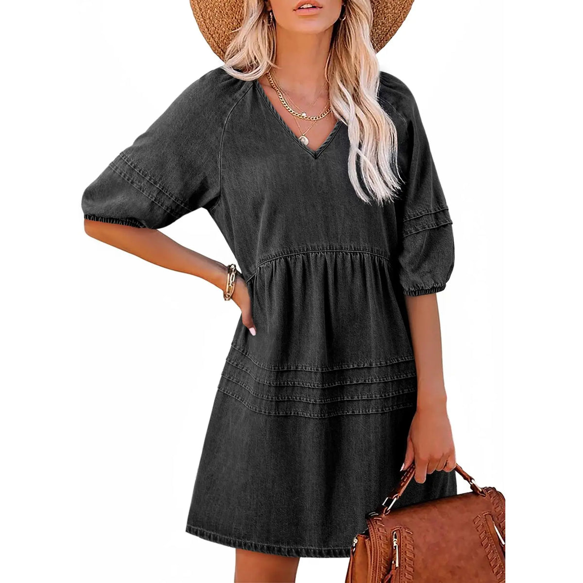 Dokotoo Denim Dress for Women Casual V Neck Puff Short Sleeve Mini Jean Dress Cute Back Tie Summer Dresses
