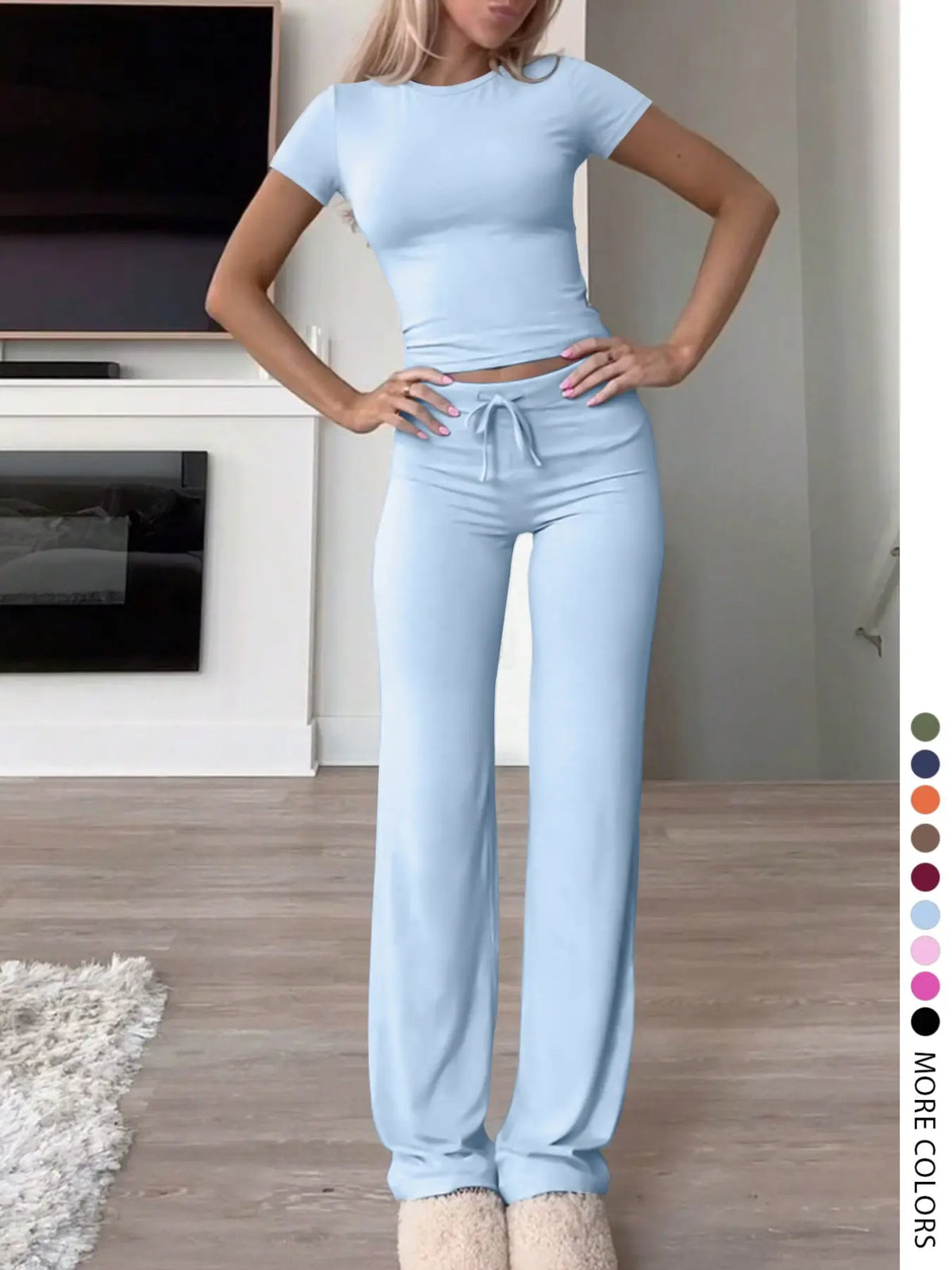 Lw-Sherowear Women's Casual Solid-Color Round-Neck Short-Sleeve T-Shirt & Drawstring Pants Set, Summer Homewear, Daily Wear Set