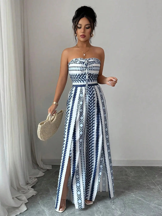 Breathable Flowy Wide Leg Geometric Printed Jumpsuit, Sleeveless Boho Style, Fit, High Waist, Leaf Print, Split Thigh Slit, Perfect for Beach, Work, Date Night