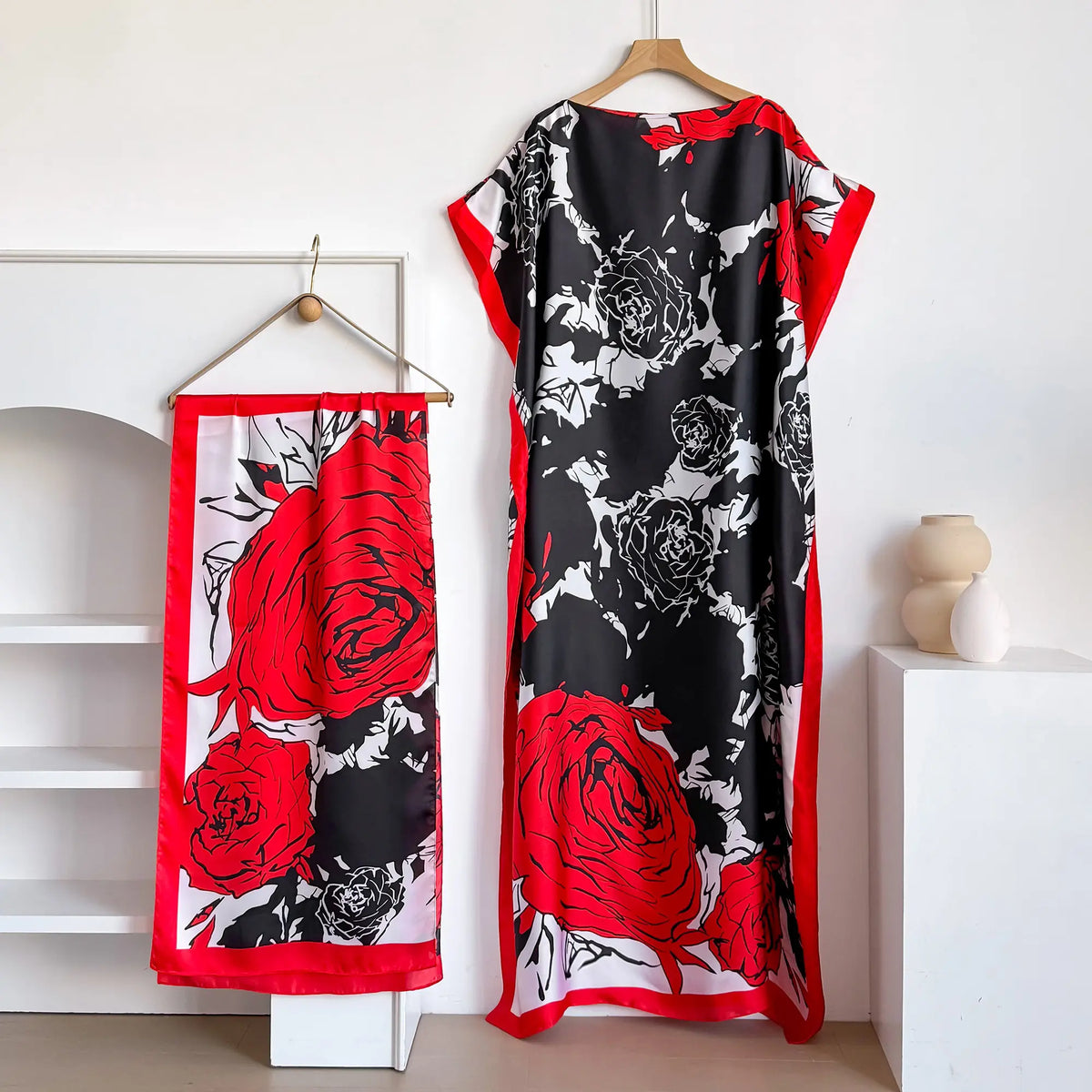 Women's 2-Piece Essential Bohemian Robe Set - Casual Matching Floral Print Long Dress, Headscarf Hairband, Beach Shawl Accessory, All-Season Boho Elegance