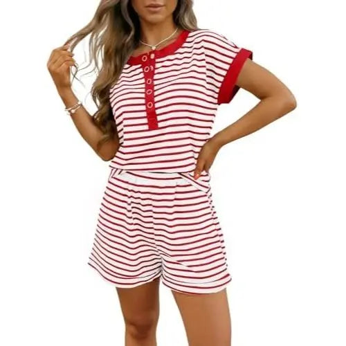 Fisoew Women's Trending Striped 2-Piece Matching Set - Long Sleeve Casual Sweatshirt & Skort, Elastic Fabrics, Elegance, Women's Clothes for Lounge & Workout