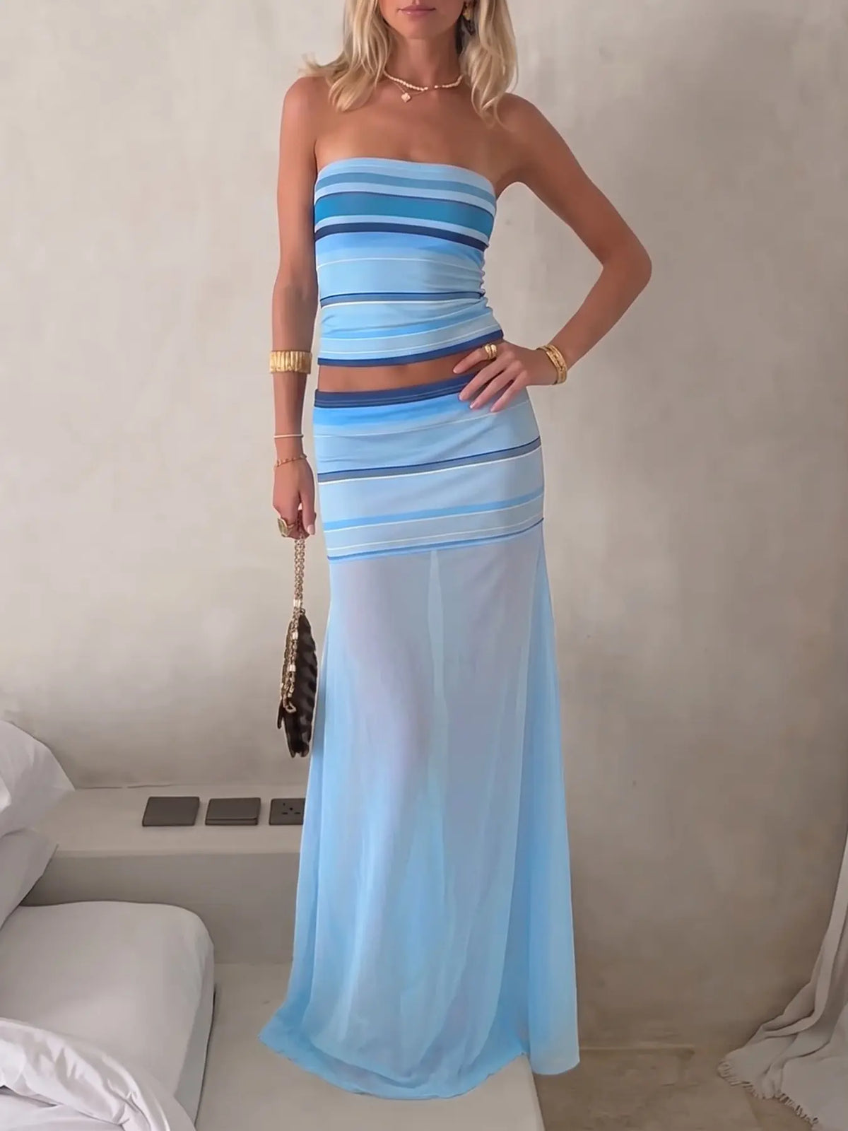 Women's Two-Piece Set, Fashion Striped Strapless Crop Top and High Waist Skirt, Sleeveless Slim-Fit Casual Matching Set Summer for Summer Daily Wear