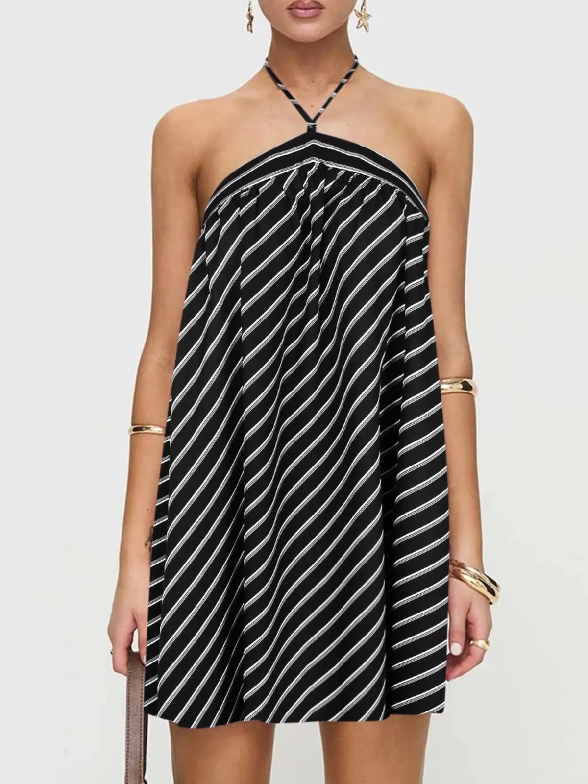 Women's Striped Print Halter Neck Dress, Casual Sleeveless Short Dress for Summer, Ladies Clothes for Daily Wear, Beach Summer Dress