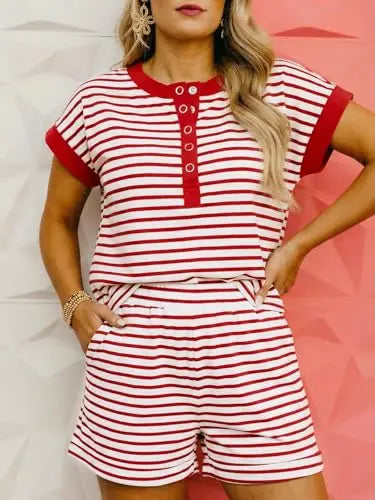 Fisoew Women's Trending Striped 2-Piece Matching Set - Long Sleeve Casual Sweatshirt & Skort, Elastic Fabrics, Elegance, Women's Clothes for Lounge & Workout