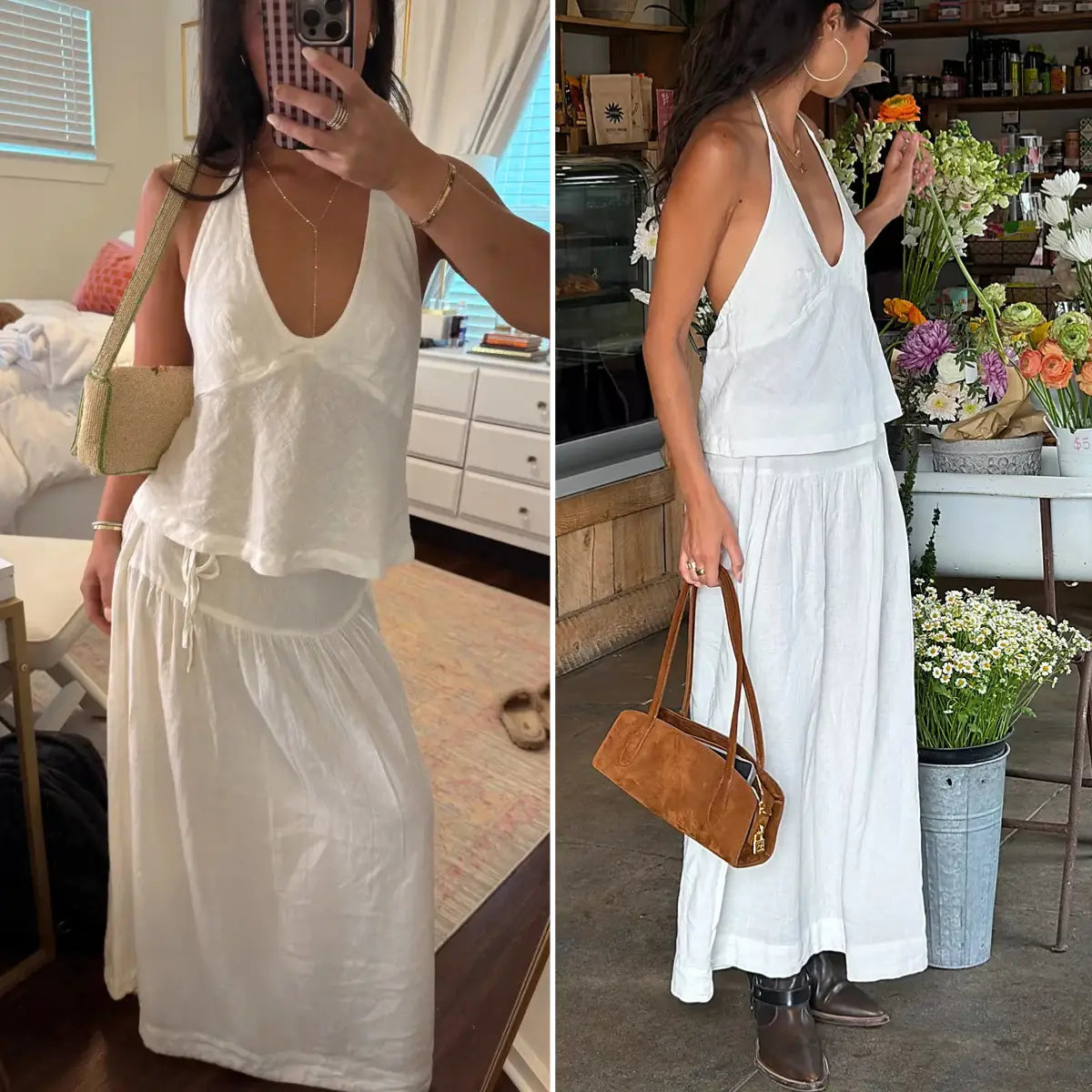 YeeZaa 2 Piece Linen Skirt Set for Women 85%Cotton & 15%Linen Summer Outfits Sandshell Linen Skirt Set Sleeveless Halter Open Back Top Maxi Skirt Two Piece Sets with Pockets Cotton Blend Resort Vacation Casual Beach Travel Wear
