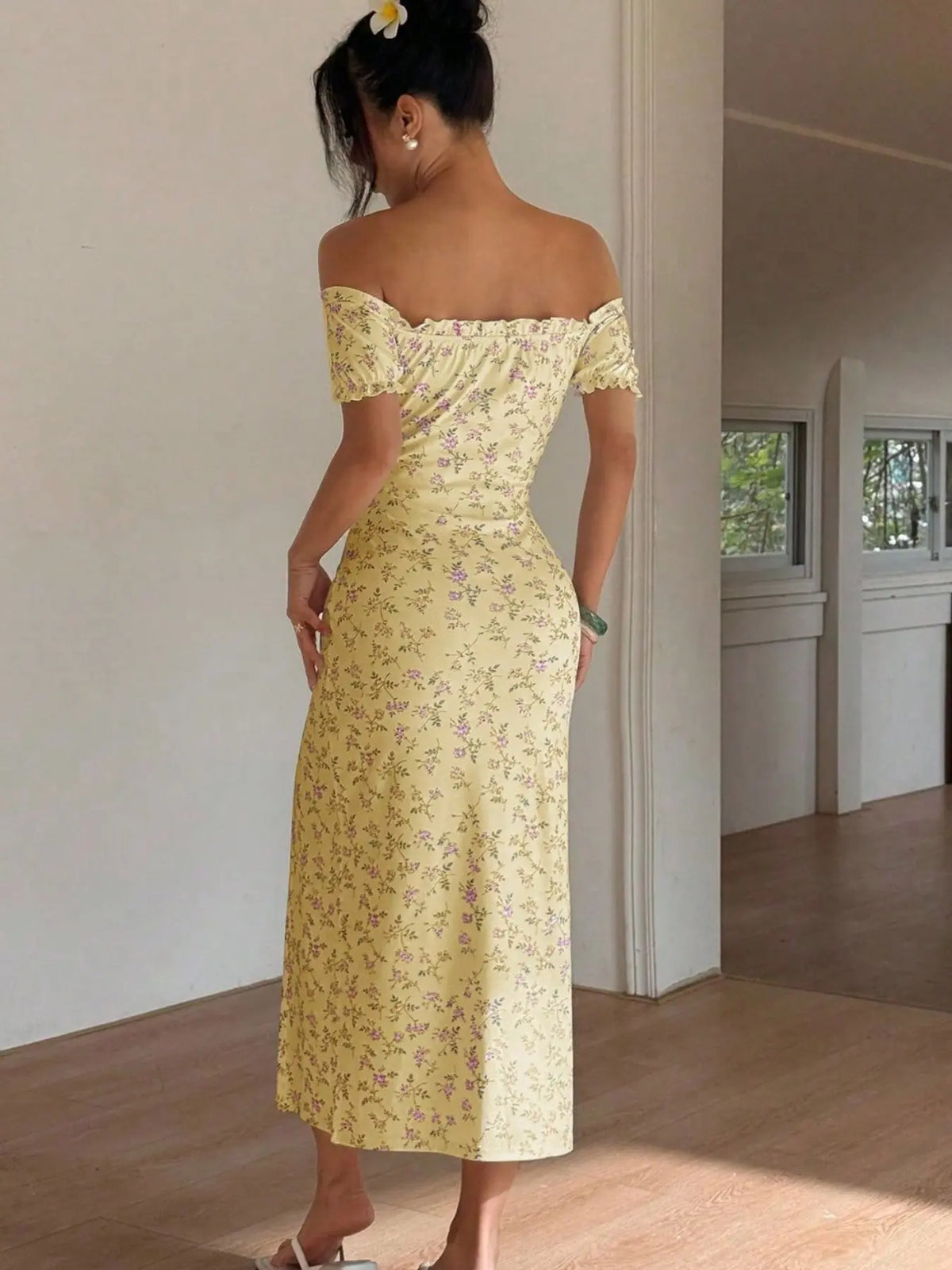 Summer Elegant Women's Ditsy Floral Bodycon Fit Dress, Floral Pattern Dress, Bohemian Style Casual Dress, Off-Shoulder Split Dress, Boho Lounge Dress, Perfect for Daily Wear, Holiday, Vacation