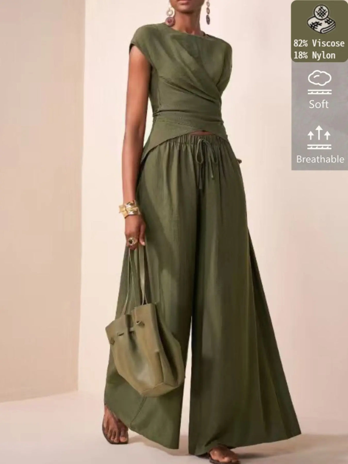Women's Viscose Material Waist Cinched Sleeveless Blouse, Casual Minimalist Loose Long Pants Set, All Seasons Fashion Style, Pants Top Set