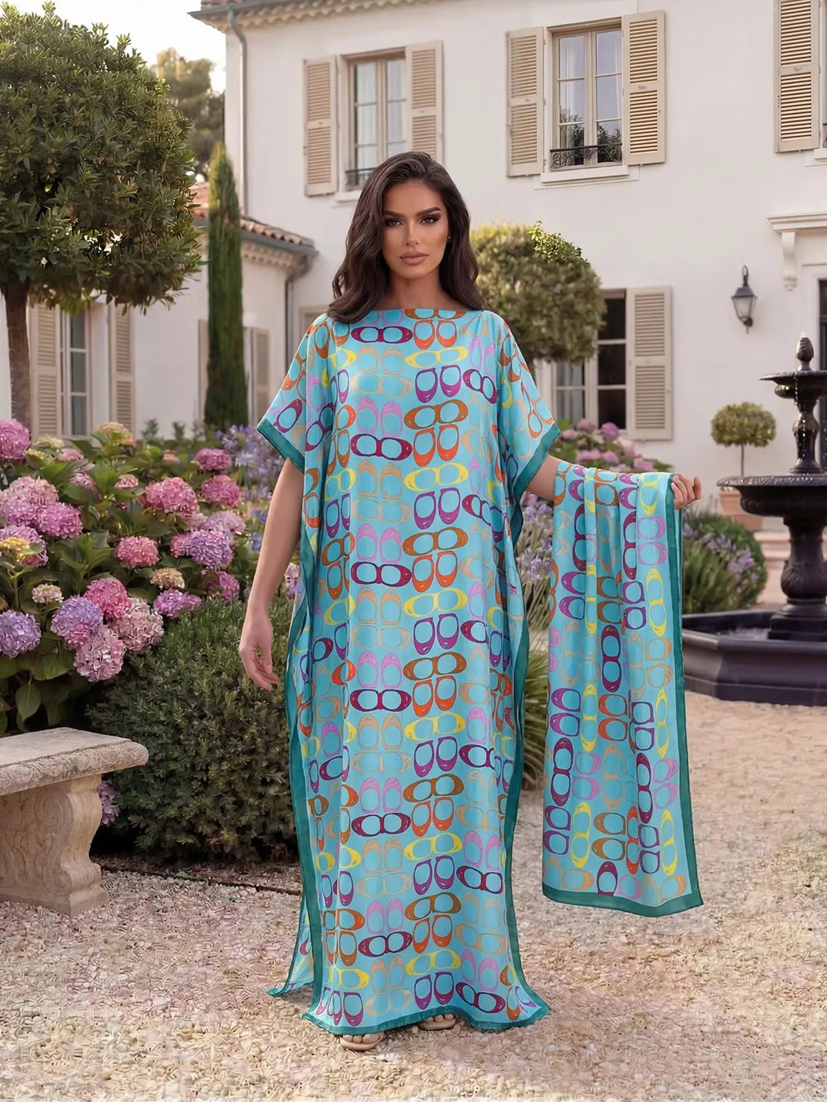 Women's Elegant Chic Geometric Print Robe Set, Casual Fitted Long Dress & Scarf, Beach Resort Wear Sun Protection Satin Matching Set Shawl
