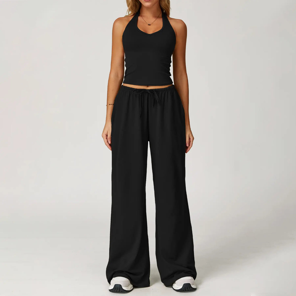 Nvwaurban Women's 2-Piece Fitted Athleisure Outfits, Summer Ribbed Fabric Set with V-Neck Strappy Open-Back Top & Wide Leg Pants, Breathable Everyday Active Lounge Wear for Gym & Travel, Sports Clothing Set for Back to School