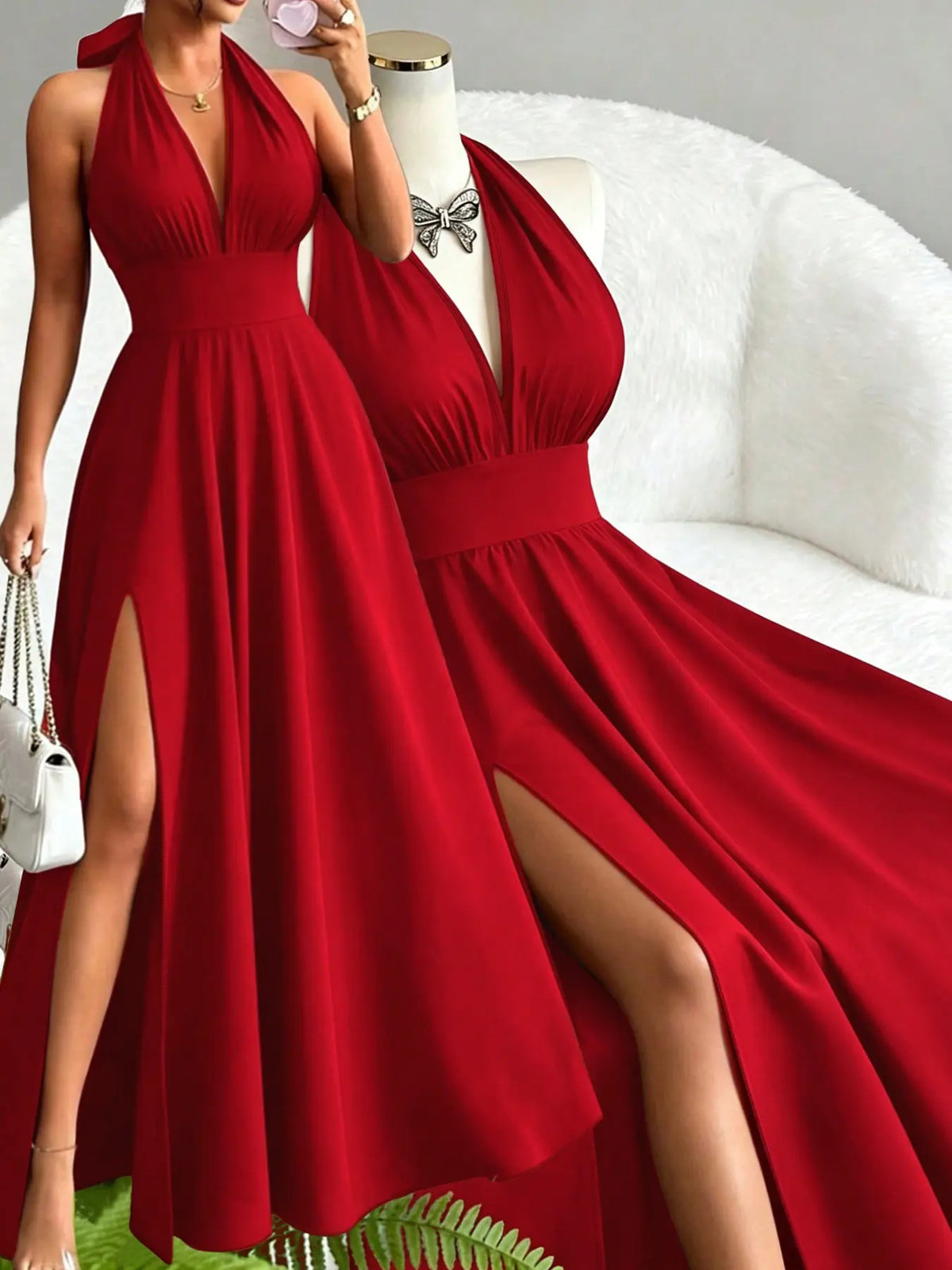 Printed Halter Long Dress, Deep V Neck Split Dress, Vintage Style, Sleeveless Backless, Beach Vacation, Summer New Arrival, Ff2608, Summer Dresses