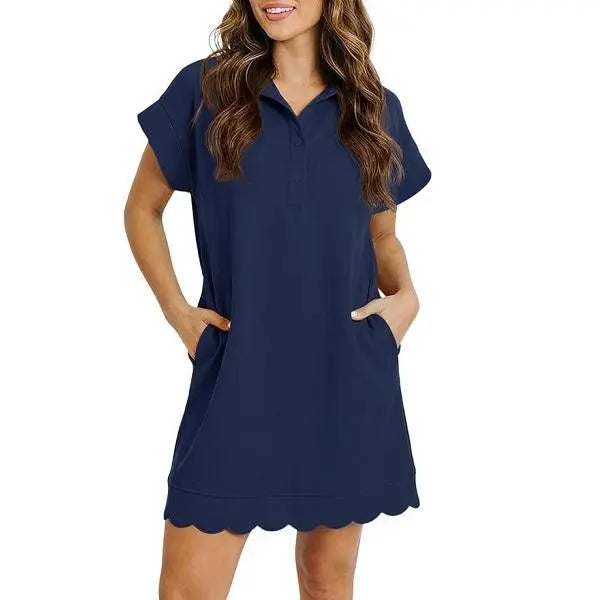 Fisoew Womens Summer T Shirt Mini Dress Short Sleeve Collared V Neck Button Loose Active Dresses with Pockets