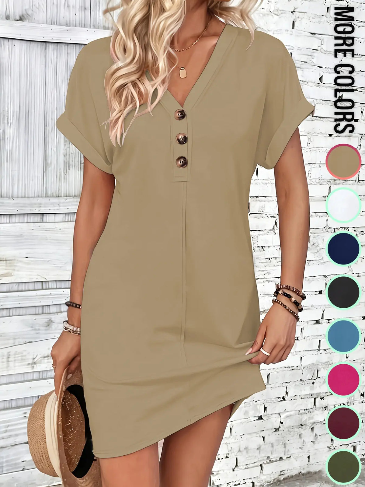 Women's Plain Button V Neck Tee Dress, Casual Short Sleeve Batwing Sleeve Short Dress for Summer, Fashion Women's Dress, Minimalist