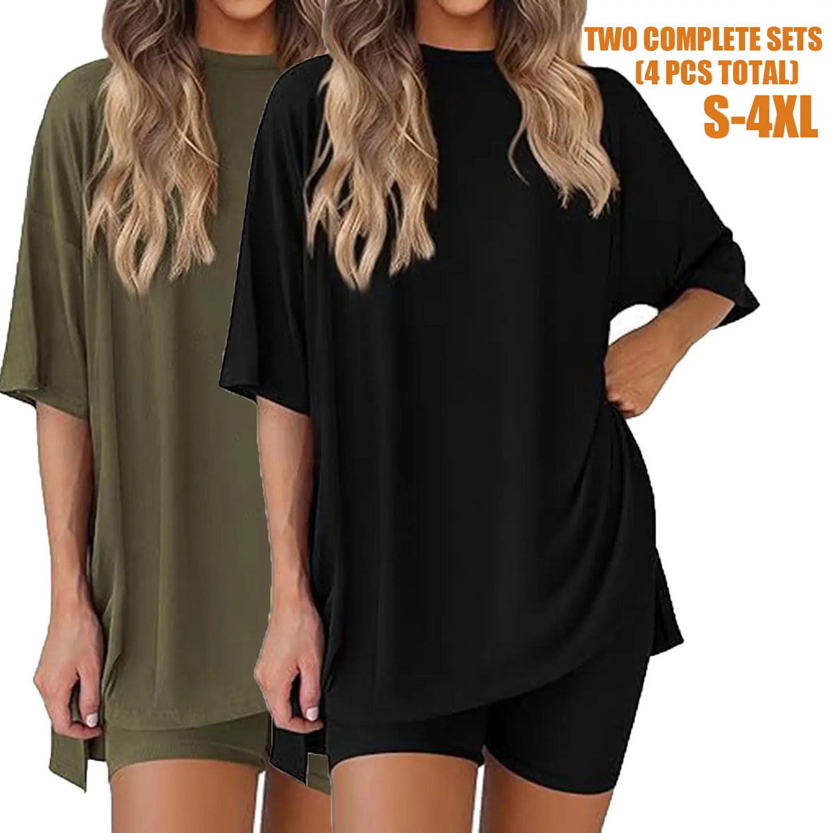 Women's 2-Piece Pajama Set, Loose-Fit Short Sleeve Crew Neck Top and Fitted Biker Shorts, Solid Color Polyester Spandex Loungewear
