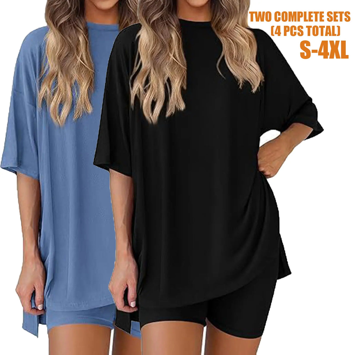 Women's 2-Piece Pajama Set, Loose-Fit Short Sleeve Crew Neck Top and Fitted Biker Shorts, Solid Color Polyester Spandex Loungewear