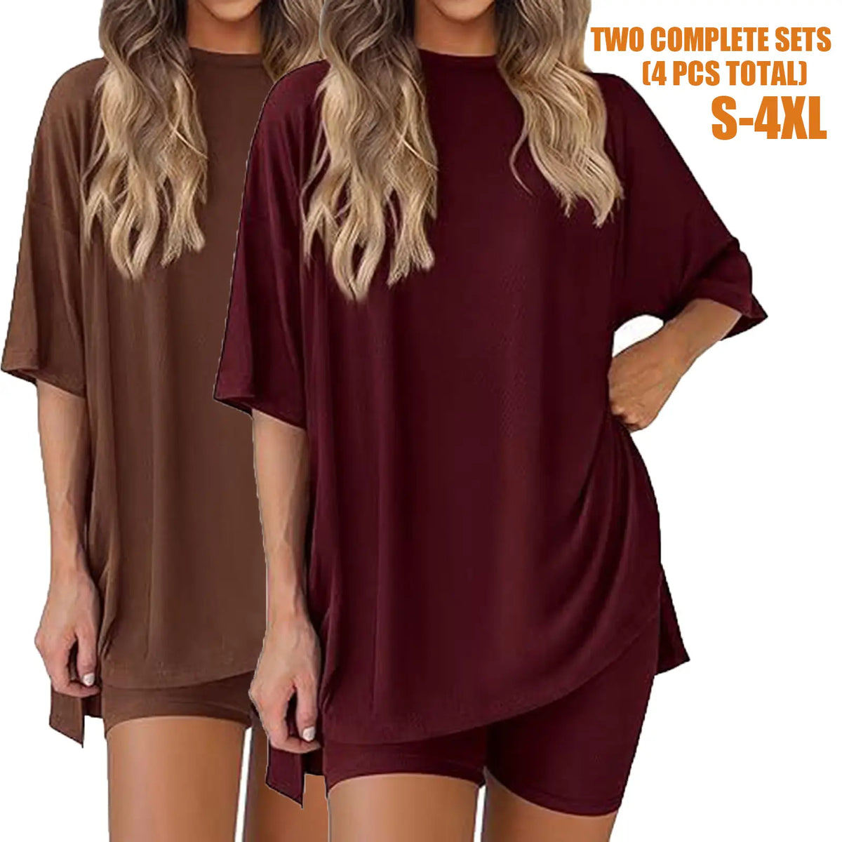 Women's 2-Piece Pajama Set, Loose-Fit Short Sleeve Crew Neck Top and Fitted Biker Shorts, Solid Color Polyester Spandex Loungewear