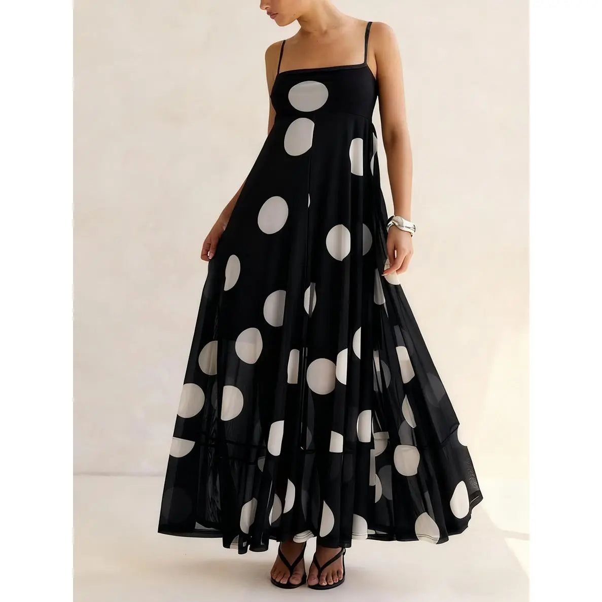 Women's Polka Dot Spaghetti Strap Maxi Dress Square Neck Flowy Mesh Long Dress Casual Party Summer Sundress