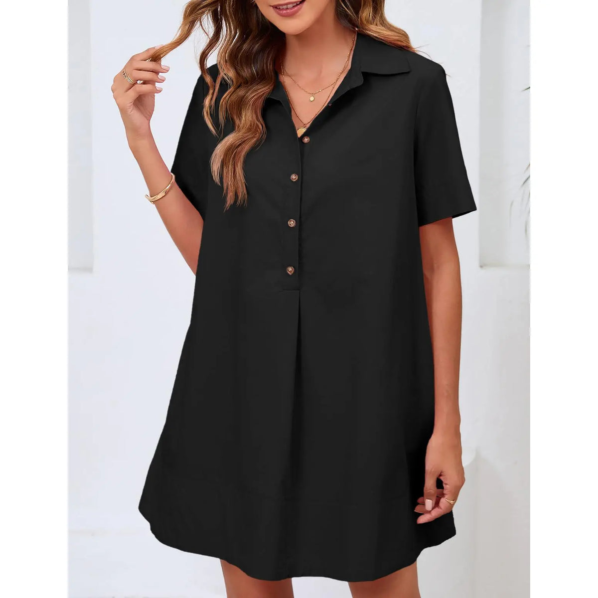 Wenrine Women's Button Down Shirt Dress Oversized Casual Short Sleeve Collared V Neck Party Flowy Summer Mini Dresses Womenswear Soft