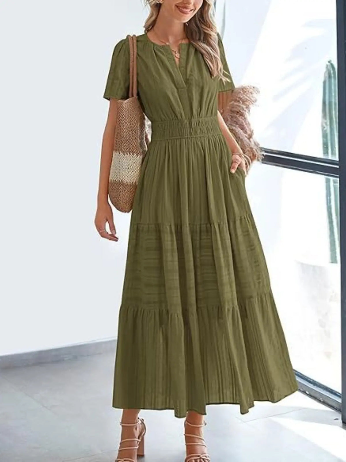 Women's Summer Solid Color Casual Long Dress, Lightweight Short Sleeve V-Neck Bohemian Style with Lining, Comfortable, Chic, Stylish and Elegant, Bohemian Aesthetic